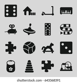 Toy icons set. set of 16 toy filled icons such as pyramid, kick scooter, puzzle, whirligig, house, dice, domino, beach ball