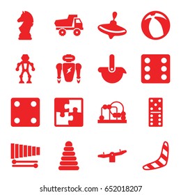 Toy icons set. set of 16 toy filled icons such as pyramid, whirligig, boomerang, swing, dice, domino, xylophone, chess horse, puzzle, beach ball