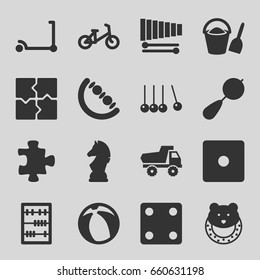 Toy icons set. set of 16 toy filled icons such as beanbag, child bicycle, kick scooter, puzzle, dice, xylophone, abacus, chess horse, beach ball, bucket and shovel