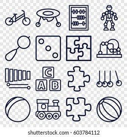 Toy icons set. set of 16 toy outline icons such as ABC cube, beanbag, child bicycle, puzzle, Dice, xylophone, abacus, cradle, robot, plastic ball