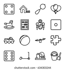 Toy icons set. set of 16 toy outline icons such as beanbag, kick scooter, swing, house, dice, puzzle, abacus, bucket and shovel, robot, plastic ball