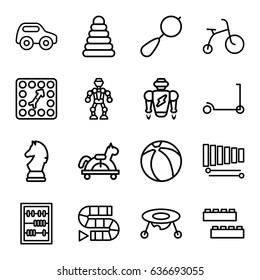 Toy icons set. set of 16 toy outline icons such as pyramid, beanbag, child bicycle, kick scooter, child building kit, xylophone, abacus, board game, beach ball, chess horse