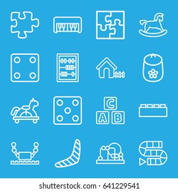 Toy icons set. set of 16 toy outline icons such as abc cube, boomerang, house, dice, puzzle, abacus, robot, dice game