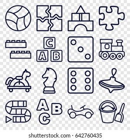 Toy icons set. set of 16 toy outline icons such as abc cube, bike, whirligig, child building kit, dice, puzzle, beach ball, bucket and shovel, chess horse, abc