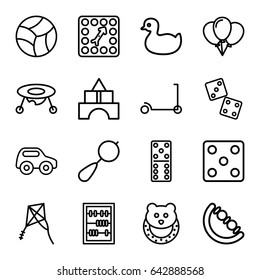 Toy icons set. set of 16 toy outline icons such as duck, beanbag, kick scooter, dice, domino, abacus, board game, beach ball, kite, dice