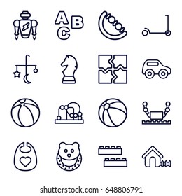 Toy icons set. set of 16 toy outline icons such as bed mobile, kick scooter, beach ball, baby bid, child building kit, house, puzzle, chess horse, abc
