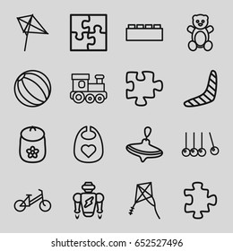 Toy icons set. set of 16 toy outline icons such as teddy bear, child bicycle, puzzle, whirligig, baby bid, boomerang, kite, cradle, robot, beach ball