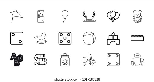 Toy icons. set of 18 editable outline toy icons: dice, dice game, balloon, building block, robot, child bicycle, beach ball, kite, domino