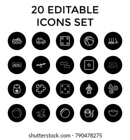 Toy icons. set of 20 editable outline toy icons such as beach ball, swing, dice, puzzle, abc, cradle, plastic ball, robot. best quality toy elements in trendy style.