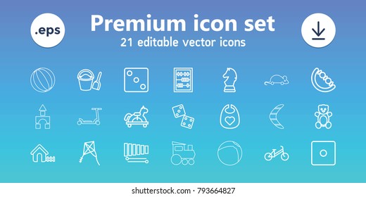 Toy icons. set of 21 editable outline toy icons includes teddy bear, child bicycle, baby bid, house, dice, dice, xylophone, abacus, chess horse, bucket and shovel, kite