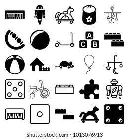Toy icons. set of 25 editable filled and outline toy icons such as house, building block, plastic ball, robot, bed mobile, kick scooter, dice, abc cube, child building kit