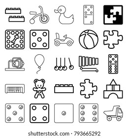 Toy icons. set of 25 editable outline toy icons such as puzzle, child building kit, dice, domino, cradle, building block, bear teddy, xylophone, board game, beach ball, duck