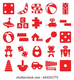 Toy icons set. set of 25 toy filled icons such as teddy bear, abc cube, pyramid, beanbag, puzzle, beach ball, whirligig, baby bid, child building kit, boomerang, house, dice