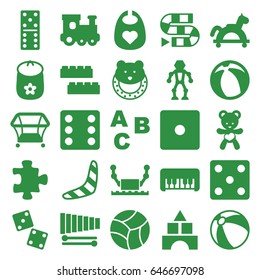 Toy icons set. set of 25 toy filled icons such as puzzle, beach ball, baby bid, child building kit, boomerang, playpen, dice, domino, bear teddy, xylophone, robot, dice