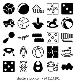 Toy icons set. set of 25 toy filled and outline icons such as beanbag, beach ball, baby bid, child building kit, dice, puzzle, robot, swing, house, bear teddy, xylophone