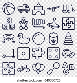 Toy icons set. set of 25 toy outline icons such as teddy bear, abc cube, pyramid, duck, beanbag, child bicycle, kick scooter, beach ball, whirligig, swing, dice, puzzle