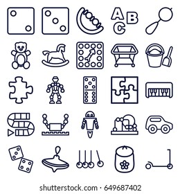 Toy icons set. set of 25 toy outline icons such as teddy bear, beanbag, kick scooter, puzzle, whirligig, playpen, dice, domino, board game, bucket and shovel, robot, abc