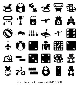 Toy icons. set of 36 editable filled toy icons such as teddy bear, whirligig, baby bid, child building kit, swing, dice, dice, dice game, beach ball, building block, robot