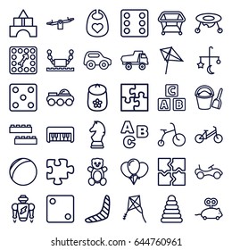 Toy icons set. set of 36 toy outline icons such as bed mobile, teddy bear, abc cube, pyramid, child bicycle, bike, baby bid, child building kit, boomerang, swing, kite