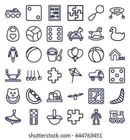 Toy icons set. set of 36 toy outline icons such as duck, beanbag, puzzle, whirligig, baby bid, boomerang, swing, kite, house, dice, domino, abacus, board game, beach ball