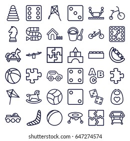 Toy Icons Set. Set Of 36 Toy Outline Icons Such As Pyramid, Child Bicycle, Puzzle, Beach Ball, Baby Bid, Boomerang, Swing, Kite, House, Playpen, Dice, Board Game