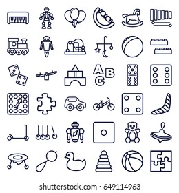 Toy icons set. set of 36 toy outline icons such as bed mobile, teddy bear, pyramid, duck, beanbag, child bicycle, kick scooter, puzzle, beach ball, whirligig
