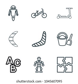 Toy icons. set of 9 editable outline toy icons such as child bicycle, boomerang, puzzle, robot, bucket and shovel, kick scooter