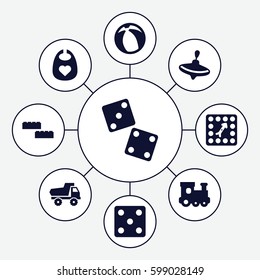 toy icons set. Set of 9 toy filled icons such as whirligig, baby bid, Dice, board game, beach ball, dice