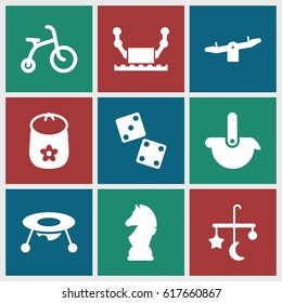 Toy icons set. set of 9 toy filled icons such as bed mobile, child bicycle, baby toy, swing, chess horse, robot