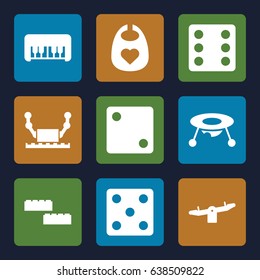 Toy icons set. set of 9 toy filled icons such as baby bid, swing, dice, robot