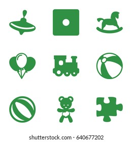 Toy icons set. set of 9 toy filled icons such as beach ball, whirligig, dice, puzzle, bear teddy
