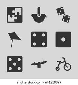 Toy icons set. set of 9 toy filled icons such as child bicycle, swing, kite, dice, puzzle, robot