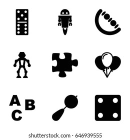 Toy icons set. set of 9 toy filled icons such as beanbag, baby toy, dice, domino, puzzle, robot, balloon