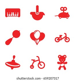 Toy icons set. set of 9 toy filled icons such as beanbag, child bicycle, whirligig, bear teddy, robot