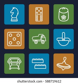 toy icons set. Set of 9 toy outline icons such as whirligig, child building kit, playpen, Dice, domino, robot