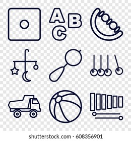 Toy icons set. set of 9 toy outline icons such as bed mobile, beanbag, beach ball, Dice, xylophone, ABC