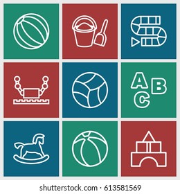 Toy icons set. set of 9 toy outline icons such as beach ball, bucket and shovel, ABC, robot