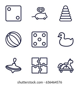 Toy icons set. set of 9 toy outline icons such as pyramid, duck, whirligig, dice, puzzle