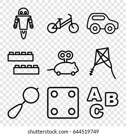 Toy icons set. set of 9 toy outline icons such as beanbag, child bicycle, child building kit, dice, kite, robot