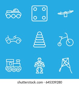 Toy icons set. set of 9 toy outline icons such as pyramid, child bicycle, bike, train toy, swing, dice, kite