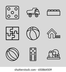 Toy icons set. set of 9 toy outline icons such as house, dice, domino, puzzle, beach ball