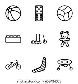 Toy icons set. set of 9 toy outline icons such as child bicycle, beach ball, baby toy, boomerang, domino, bear teddy, cradle