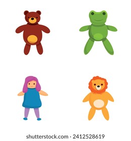 Toy icons set cartoon vector. Plush doll, frog, bear and lion. Baby toy, cartoon character