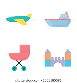 Toy icons set cartoon vector. Various colorful children toy. Childhood concept