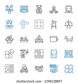 toy icons set. Collection of toy with puzzle, robot, domino, abacus, arcade, tic tac toe, balloon modelling, potty, sandbox, baby chair, dice. Editable and scalable toy icons.