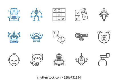 toy icons set. Collection of toy with robot, cat, baby, bear, collar, dice, domino, tic tac toe. Editable and scalable toy icons.