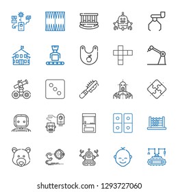 toy icons set. Collection of toy with robot, baby, bear, abacus, domino, arcade, puzzle, pet brush, dice, hopscotch, bib, kindergarten, cradle. Editable and scalable toy icons.