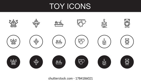 toy icons set. Collection of toy with robot, sandbox, puzzle, teddy bear. Editable and scalable toy icons.