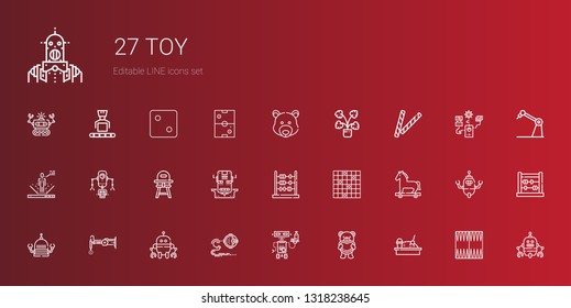 toy icons set. Collection of toy with sandbox, teddy bear, robot, trojan horse, tic tac toe, abacus, baby chair, decorative, bear, backgammon. Editable and scalable toy icons.