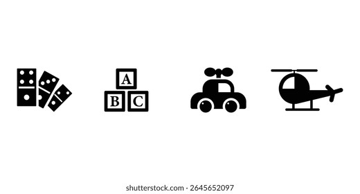 Toy icons set with domino blocks alphabets car helicopter vector illustration for children fun and educational play.